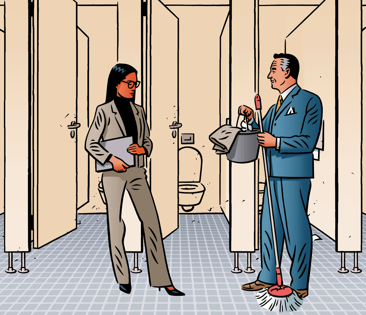 'Ik moest ineens het sanitair schoonmaken’, aldus Angela Visser over haar terugkeer na een burn-out. (Illustraties: Erik Varekamp)